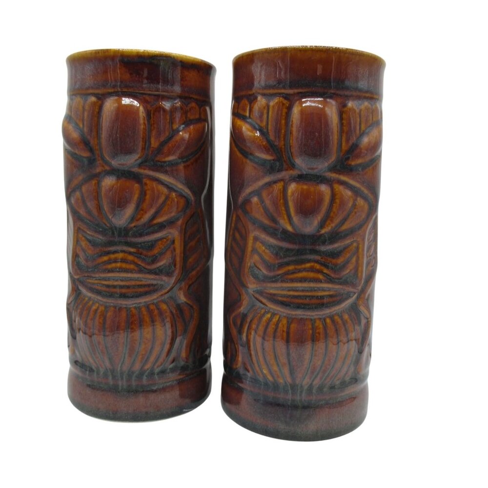 Libbey Tiki Mug Cup Brown Gold Hawaiian Beach Cocktail Bar Vintage SET OF 2